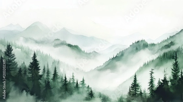 Fototapeta Watercolor of landscape forest misty mountains horizon and fog and hills,pine tree fir tree,Autumn forest background,drawn by hand,Autumn illustration design elements for landscape,wallpaper.
