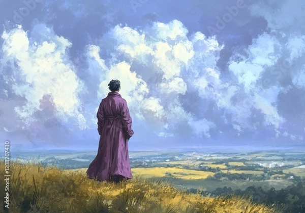 Fototapeta Person in purple robe contemplates vast landscape under dramatic sky.