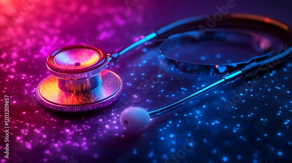 Fototapeta Stethoscope illuminated by neon lights creating futuristic medical concept with vibrant colors for healthcare technology innovation
