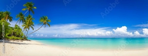 Obraz Beautiful tropical island with palm trees and beach panorama as background image