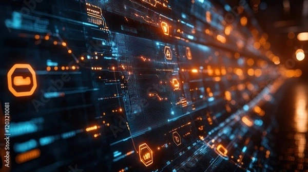 Fototapeta Abstract Futuristic Digital Interface: Network Data Stream Visualization