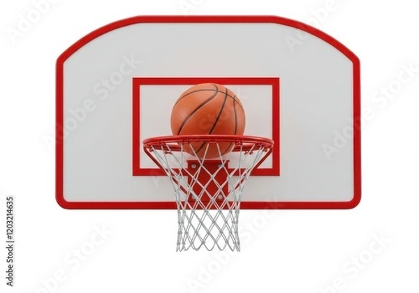 Fototapeta A bright orange basketball going through a red hoop with a white net isolated on white background