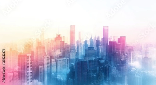 Fototapeta Ethereal Cityscape at Dawn with Soft Pink and Blue Hues Over a Modern Urban Skyline Surrounded by Mist and Clouds, Capturing a Dreamlike Atmosphere