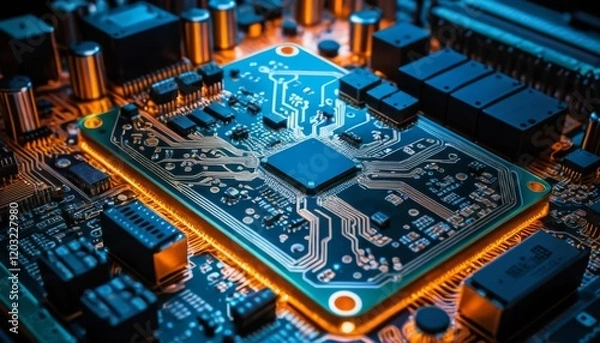 Fototapeta Close-up of a complex circuit board with a central processor chip.