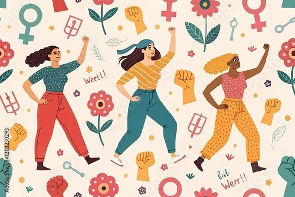 Fototapeta Seamless pattern featuring women in illustrations of feminism.