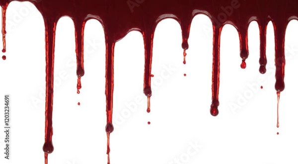 Fototapeta Dark red blood dripping down in vertical streaks on white background. Heavy streams inspire terror, horror, disgust.
