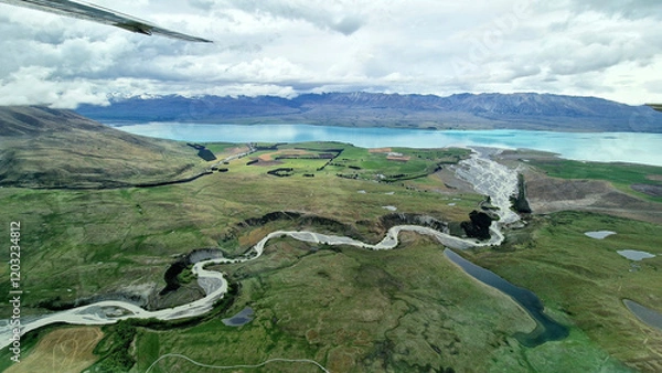 Fototapeta Turquoise Tapestry from the Skies - Flying Over Tekapo and Pukaki, New Zealand