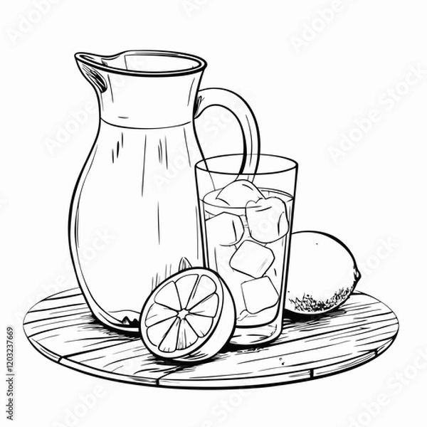 Fototapeta Lemonade pitcher and glass illustration in sketch style