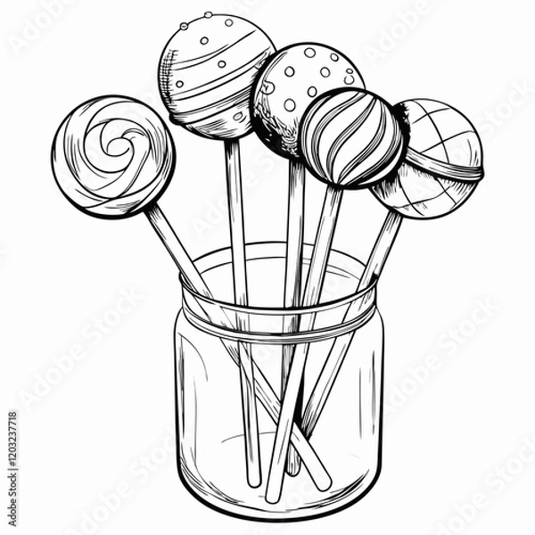 Fototapeta Cake pops in a jar illustration in black and white sketch style