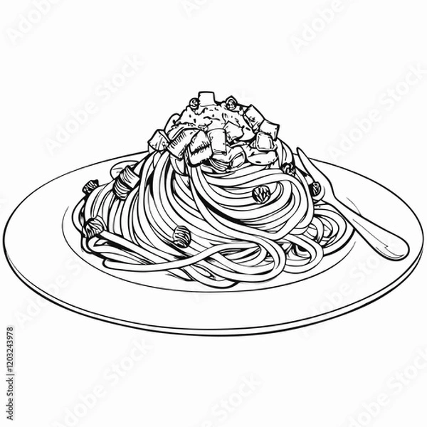 Fototapeta Plate of spaghetti with sauce in black and white sketch