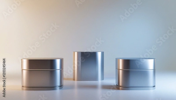 Fototapeta a three modern striped square podium in chrome with a soft background