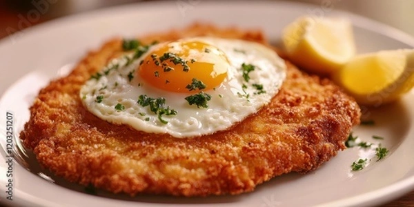 Fototapeta Crispy fried schnitzel topped with a sunny side up egg and lemon wedges