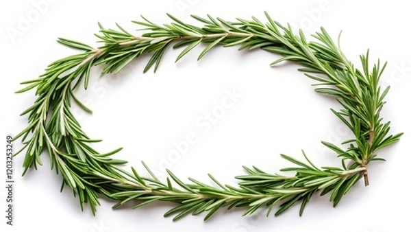 Fototapeta Fresh rosemary leaves on a white background isolated in a circular area, highlighting the herb's fragrance and aroma , foliage