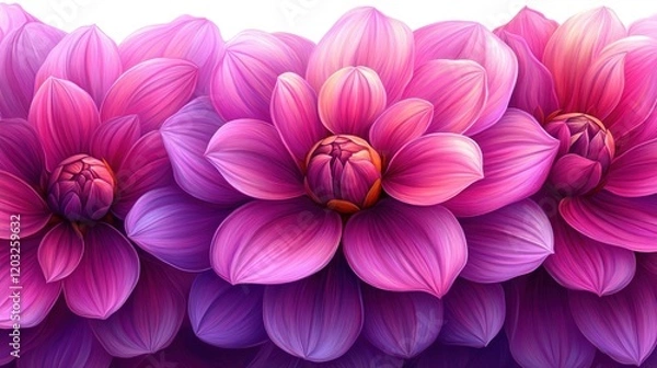 Fototapeta Vibrant pink flowers in full bloom against a soft white background, showcasing nature's beauty and elegance