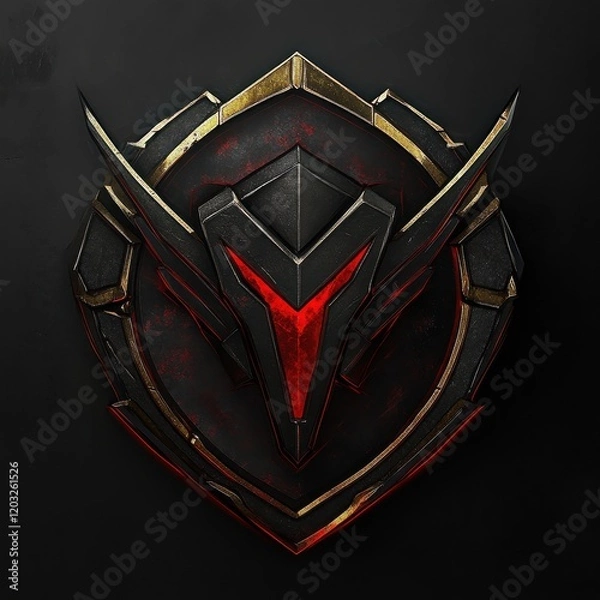 Fototapeta Dark Obsidian Crest: A majestic, dark obsidian crest with accents of gold and a glowing red emblem at its center. The intricate detailing and dramatic lighting create a sense of power and mystery. 