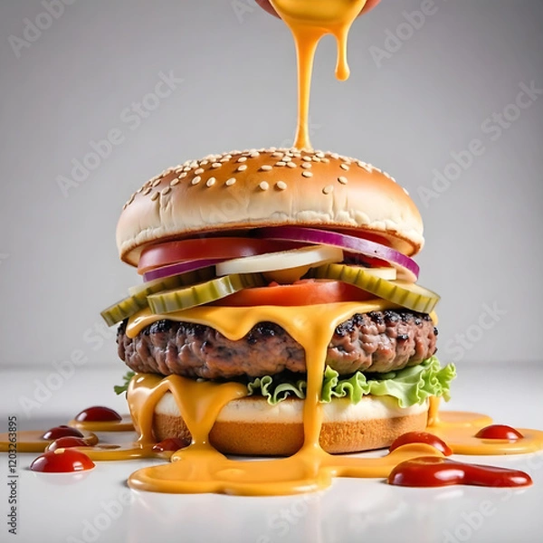 Fototapeta Delicious burger with many ingredients isolated on white background