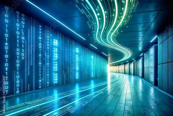 Fototapeta Digital Corridor: A futuristic digital corridor with glowing binary code on the walls and a curving neon light path leading towards a bright light at the end.