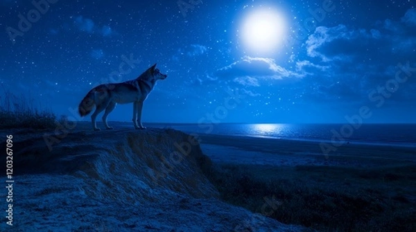 Fototapeta Lone Wolf Howling at the Moonlit Ocean