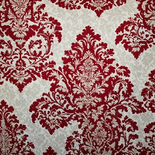 Fototapeta Create an image of a vintage wallpaper featuring a rich red damask design on a textured white background. 