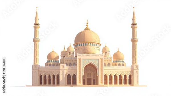 Fototapeta AI generative. 3d render of mosque illustration for element  and background of islamic celebration greetings. White background. Contemporary style. 132