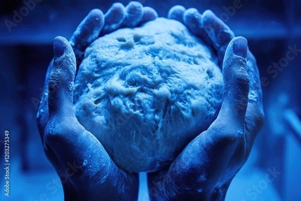 Fototapeta Hands gently cradle a ball of freshly kneaded dough, ready for baking.