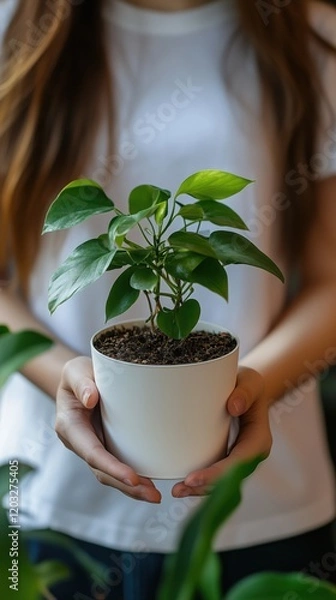 Obraz A pot with a houseplant, close-up, in the hands of a young girl. A gardener or florist holds a pot with a plant in his hands.
