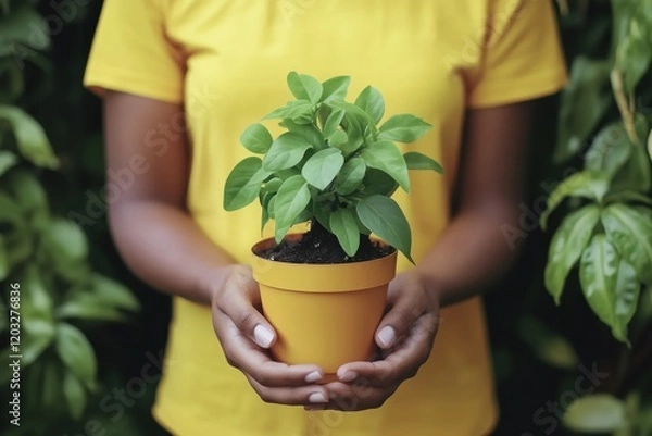 Obraz A pot with a houseplant, close-up, in the hands of a young girl. A gardener or florist holds a pot with a plant in his hands.