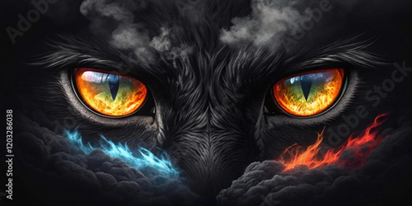 Fototapeta Demon eyes glowing colorful fire flame in eyes in cloud on solid dark background