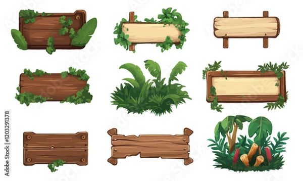 Fototapeta Jungle Style Cartoon Game Panels with Wooden Signs and Plants Vector