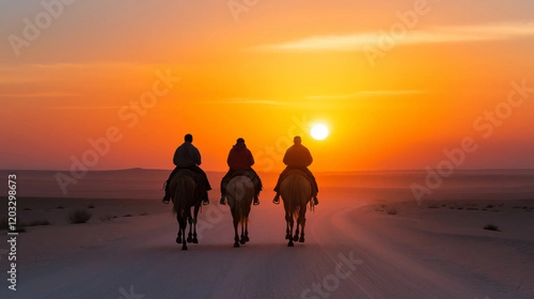 Fototapeta Three tourists riding horses across the desert at sunset, soaking in the breathtaking views of the vibrant orange sky and tranquil landscape