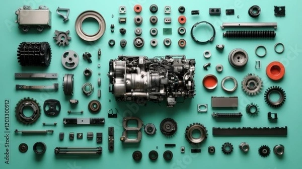 Fototapeta A disassembled engine with its parts arranged on a pastel green background
