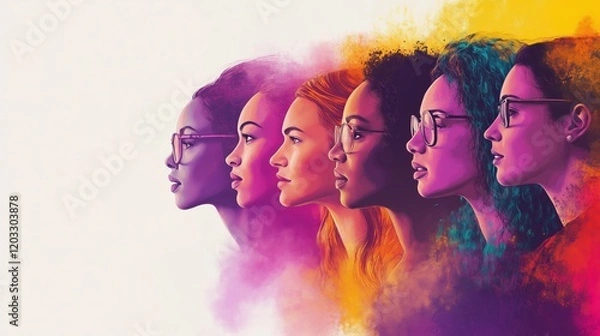 Obraz Digital illustration showcasing a diverse panel of women with different hairstyles and colors in vibrant hues