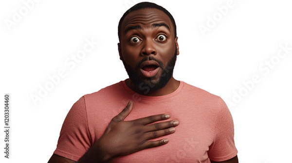 Obraz A man in a pink shirt shows a surprised expression with wide eyes and an open mouth. His hand rests on his chest, conveying a strong emotional response. transparent background