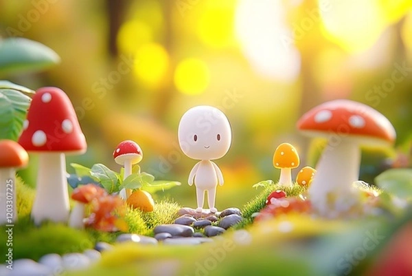 Obraz An animated white girl standing on her own path, surrounded by colorful mushrooms and plants, designed as a 2D hand-drawn cartoon with a simple black outline