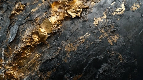 Fototapeta An artistic capture of raw gold ore, with rugged textures and metallic brilliance, positioned elegantly on a black background