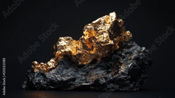 Fototapeta A detailed image of a gold nugget showcasing its natural form and luster, positioned on a black background to emphasize its brilliance