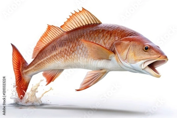 Fototapeta Isolated red drum fish jump; pristine white background.  High-resolution stock photo ideal for culinary use.