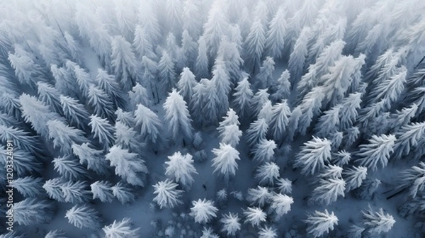 Fototapeta Breathtaking panoramic view of a picturesque snowy forest landscape with majestic mountains in the distance captured from an aerial perspective