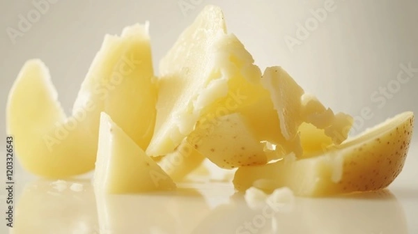 Fototapeta Close-up of broken pieces of pale yellow cheese on a reflective surface.