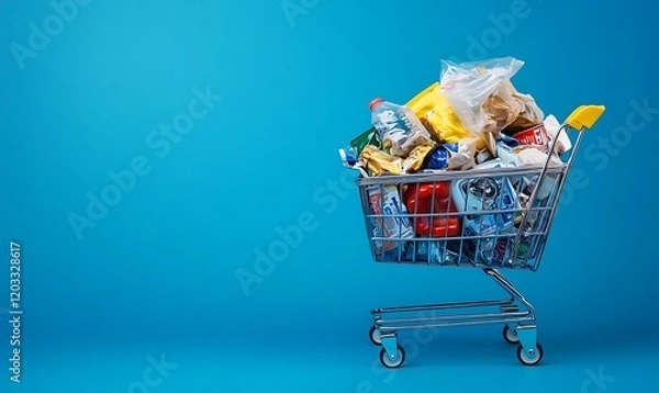 Fototapeta Shopping cart full of garbage with copy space. Consumerism. Buying junk on blue background 