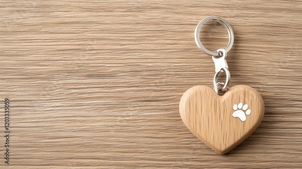 Fototapeta A wooden heart-shaped keychain with a paw print design, symbolizing love for pets and companionship.