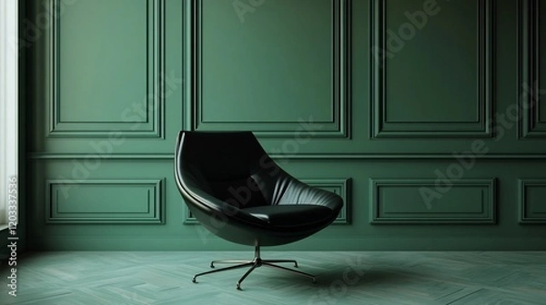 Fototapeta Sleek black chair sits in an empty green room with classic wall panel frames The dark modern luxury design of the studio space highlights the contrast between the bold colors and elegant setup