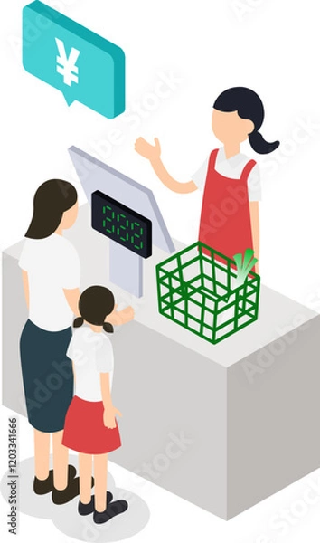 Obraz スーパーマーケットでの買い物客（子供連れ）と店員のレジ風景イラスト