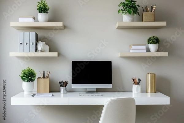 Fototapeta A sleek workspace with a floating desk, minimal shelves, and a neutral color scheme