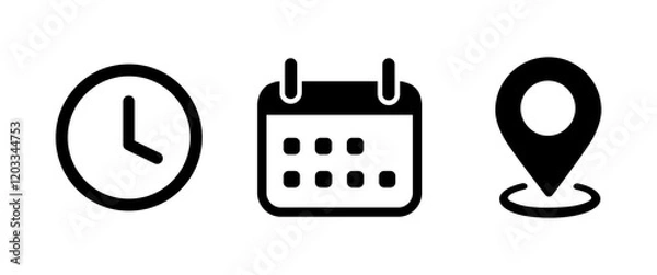 Obraz Time, Date, Address icons set. Event vector icons illustrations. Calendar, Location and clock icons isolated