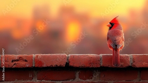 Obraz A red bird sitting on top of a brick wall