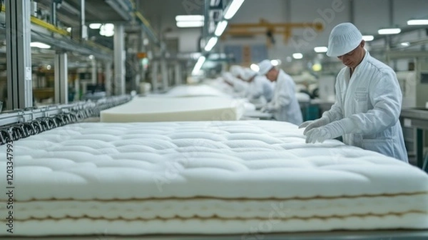 Fototapeta Bed manufacturing factory showcasing an assembly line of workers installing foam layers, springs, and covers on mattresses.