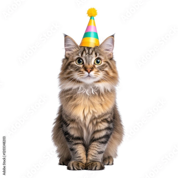 Fototapeta Cat wearing party hat celebrating birthday with colorful decorations and joyful atmosphere of fun and festivity.
