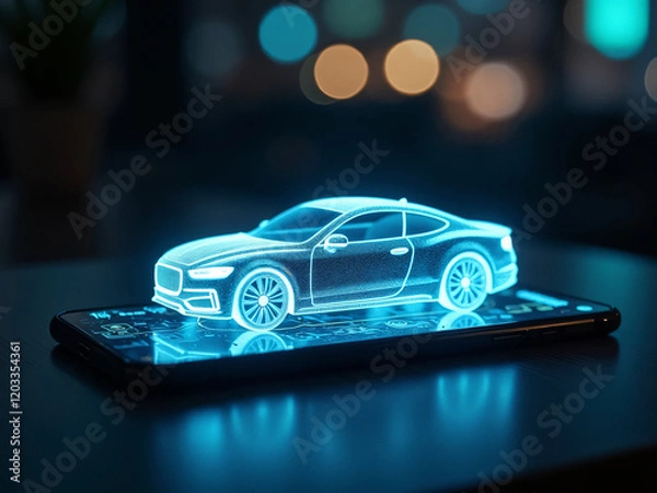 Fototapeta Futuristic Innovation: Holographic Car with Digital Tech and Network Connections