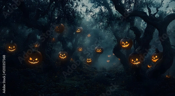 Fototapeta A dark, eerie forest filled with glowing jack-o'-lanterns hanging from twisted tree branches. The deep blue atmosphere and orange pumpkin glow create a chilling Halloween vibe.